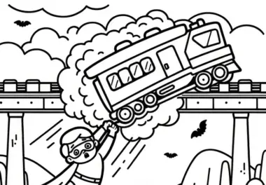 Superheld rettet Zug, der von Brücke stürzt: Malvorlage zum Download (Gratis)