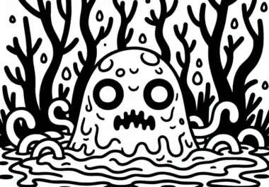Monster erhebt sich aus düsterem Sumpf: Malvorlage zum Download (Kostenlos)