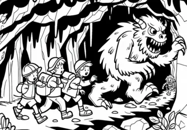 Monster und Abenteurer in Höhle – Gratis Malvorlage