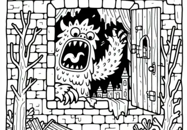 Monster versteckt sich in verlassenem Schloss und brüllt aus Fenster – Gratis Malvorlage