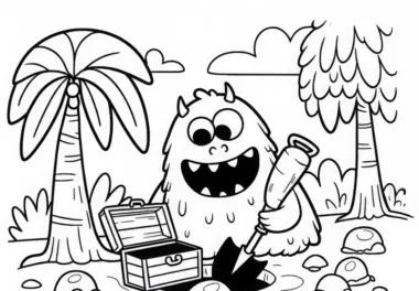 Monster gräbt Loch, um Schatz zu verstecken: Ausmalbild zum Herunterladen (Gratis)