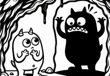 Monster beobachtet seinen eigenen Schatten in Höhle und erschreckt sich: Gratis Ausmalbild
