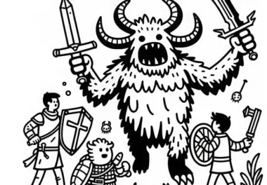 Monster kämpft gegen eine Gruppe von Abenteurern mit Waffen: Malvorlage zum Download (Kostenlos)
