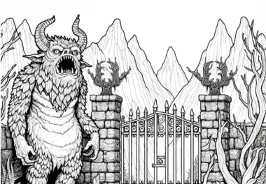 Monster bewacht Tor zu verborgener Welt: Malvorlage zum Herunterladen (Gratis)