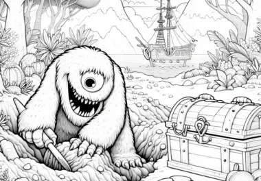 Monster gräbt Loch, um Schatz zu verstecken: Detailreiches Ausmalbild (Gratis)