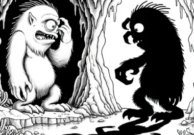 Monster beobachtet eigenen Schatten in einer Höhle: Detailliere Malvorlage (Kostenlos)
