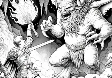 Monster kämpft gegen Helden, der eine Fackel hält: Malvorlage zum Herunterladen (Kostenlos)