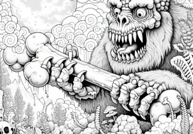Monster spielt mit riesigem Knochen als Spielzeug: Realistisches Ausmalbild (Kostenlos)