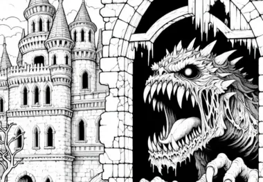 Monster versteckt sich in verlassenem Schloss und brüllt aus Fenster: Detaillierte Malvorlage (Gratis)