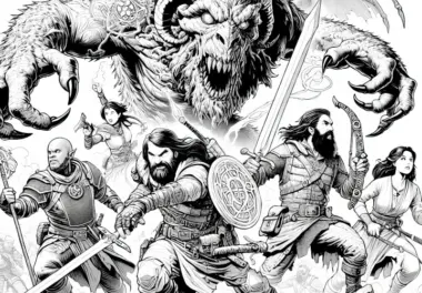 Monster kämpft gegen eine Gruppe von Kämpfern: Ausmalbild zum Download (Gratis)