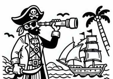 Pirat mit Fernrohr auf Brücke hält Ausschau nach Insel als Malvorlage (Kostenlos)