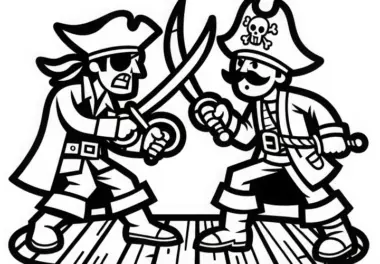 Pirat kämpft mit Degen gegen Rivalen auf Schiffsdeck: Ausmalbild zum Herunterladen (Gratis)