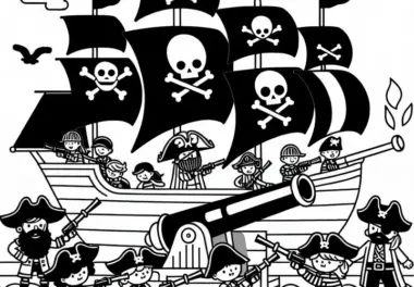 Piraten verteidigen ihr Schiff gegen Angreifer: Einfache Malvorlage (Kostenlos)