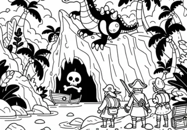 Piraten entdecken geheimnisvolle Höhle auf Insel: Gratis Malvorlage