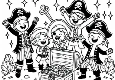 Piraten feiern eine Schatztruhe voller Juwelen: Kostenlose Malvorlage
