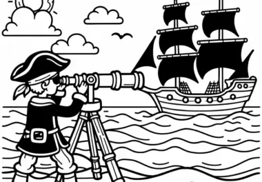 Pirat beobachten feindliches Schiff durch Fernrohr: Ausmalbild zum Download (Kostenlos)