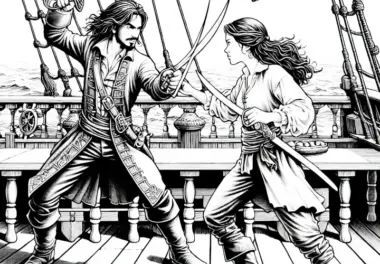 Pirat kämpft mit Degen gegen Rivalen auf dem Deck: Detaillierte Malvorlage (Kostenlos)