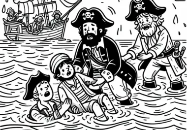 Piraten retten Schiffbrüchige aus dem Meer: Kostenloses Ausmalbild