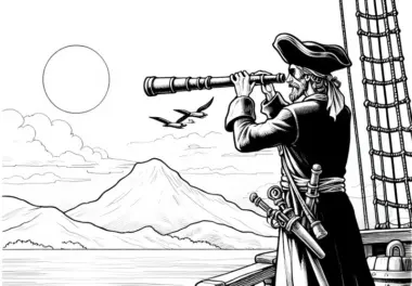 Ein Pirat steht mit Fernrohr auf einem Schiff und sucht nach einer Insel als Malvorlage (Kostenlos)