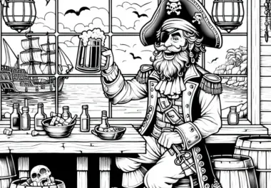 Pirat feiert in Hafentaverne mit Rumkrug in der Hand: Kostenlose Malvorlage