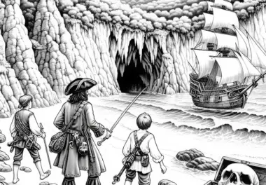 Piraten entdecken geheimnisvolle Höhle auf Insel: Ausmalbild zum Download (Gratis)