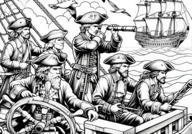 Piraten beobachten feindliches Schiff durch Fernrohr: Detaillierte Malvorlage (Gratis)