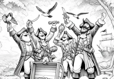 Piraten feiern Schatztruhe voller Juwelen: Ausmalbild zum Download (Kostenlos)