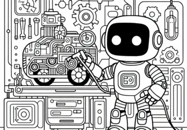 Roboter repariert defekte Maschine in futuristischer Werkstatt: Ausmalbild zum Download (Kostenlos)