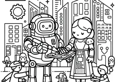 Roboter hilft Menschen beim Aufbau einer Stadt in einer Sci-Fi-Welt als Ausmalbild (Gratis)
