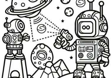 Roboter erkundet fremden Planeten mit Sensoren und Werkzeugen: Einfache Malvorlage (Kostenlos)