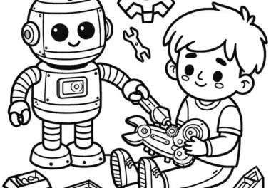 Roboter hilft Kind ein defektes Spielzeug zu reparieren: Ausmalbild zum Herunterladen (Kostenlos)