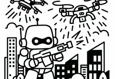 Roboter kämpft gegen Drohnen, die Stadt angreifen: Einfaches Ausmalbild (Gratis)