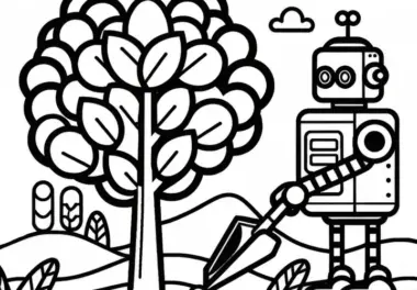 Roboter pflanzt Bäume: Einfaches Ausmalbild (Gratis)