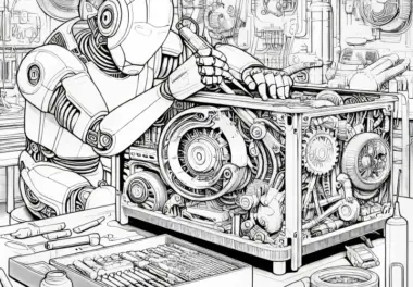 Roboter repariert defekte Maschine in futuristischer Werkstatt: Detailreiche Malvorlage (Kostenlos)