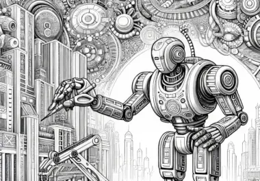 Roboter hilft Menschen beim Aufbau einer Stadt in einer Sci-Fi-Welt: Ausmalbild zum Download (Gratis)