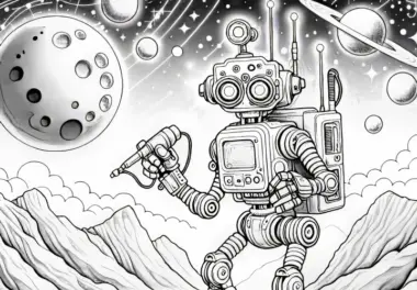 Roboter erkundet fremden Planeten: Ausmalbild in hoher Qualität (Gratis)