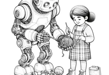 Roboter hilft Kind, ein defektes Spielzeug zu reparieren: Detailreiches Ausmalbild (Kostenlos)