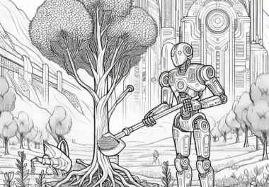 Roboter pflanzt Bäume in futuristischer Landschaft: Ausmalbild zum Download (Gratis)