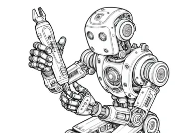 Roboter repariert sich selbst mit Multitool: Detailreiche Malvorlage (Gratis)