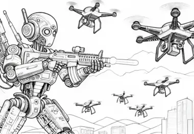 Roboter kämpft gegen Drohnen, die eine Stadt angreifen: Malvorlage zum Herunterladen (Gratis)