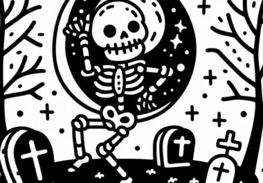 Skelett tanzt auf Friedhof bei Vollmond: Einfache Malvorlage (Gratis)