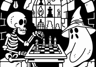 Skelett spielt Schach mit Geist in dunkler Gruft: Kostenlose Malvorlage