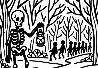 Skelett hält Laterne und führt Gruppe durch düsteren Wald: Gratis Malvorlage