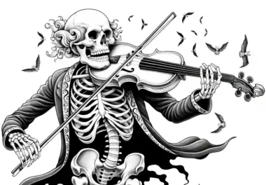 Skelett spielt unheimlichen Walzer auf alter Geige: Ausmalbild zum Download (Kostenlos)