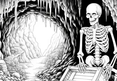 Skelett bewacht Schatztruhe in düsterer Höhle: Malvorlage zum Download (Gratis)