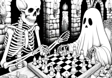 Skelett spielt Schach mit Geist in dunkler Gruft: Malvorlage zum Herunterladen (Gratis)
