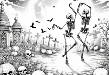 Skelette tanzen auf Friedhof bei Vollmond: Ausmalbild zum Download (Gratis)