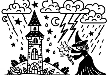 Hexe beschwört Sturm mit Blitzen: Einfaches Ausmalbild (Kostenlos)