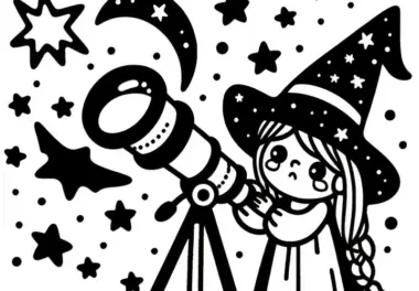 Eine Hexe beobachtet Sterne mit einem magischen Teleskop: Malvorlage zum Download (Kostenlos)