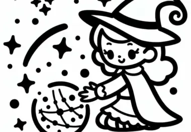 Hexe zaubert mit magischer Kugel: Einfache Malvorlage (Gratis)